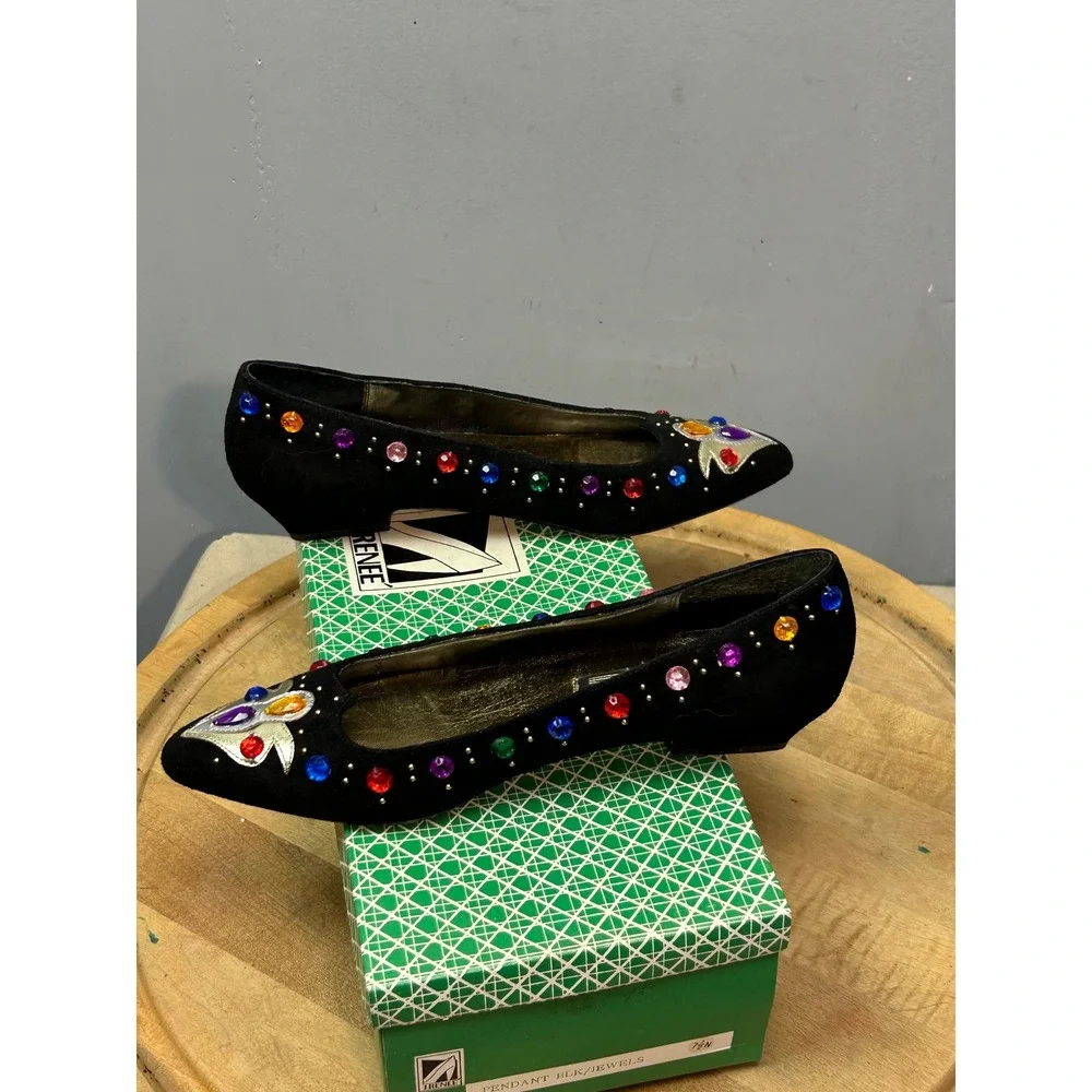 J. Renee Shoes Womens 7.5N Black Pendant Jeweled Pointed Toe Low Heel Vintage